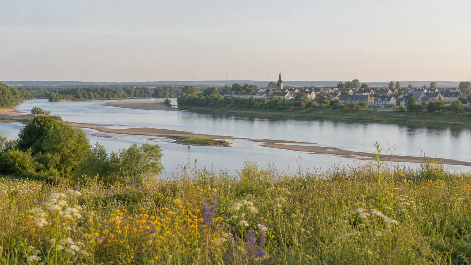 La vallée de la Loire au soleil couchant, avec un village aux toits d'ardoise et des éoliennes à l'horizon.