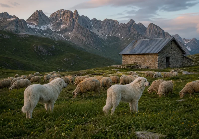 Troupeau de brebis gardé par deux chiens de protection blancs sur un alpage des Alpes du Sud.