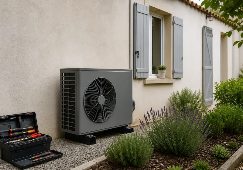 Unité extérieure d'une pompe à chaleur installée contre le mur d'une maison de brique.