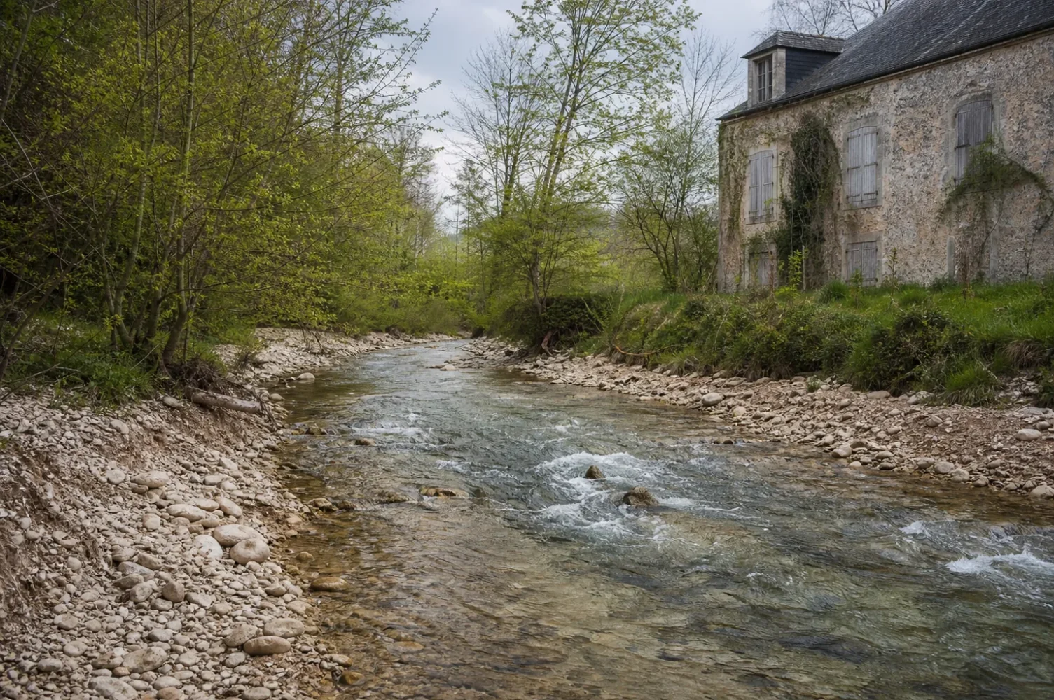 Rivière retrouvant un lit sinueux entre des berges fraîchement revégétalisées, après la suppression d'un barrage.