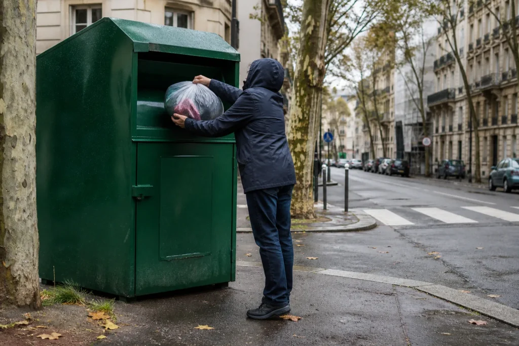 Trieuses devant un tapis roulant chargé de vêtements dans un centre de tri, sacs empilés en arrière-plan.