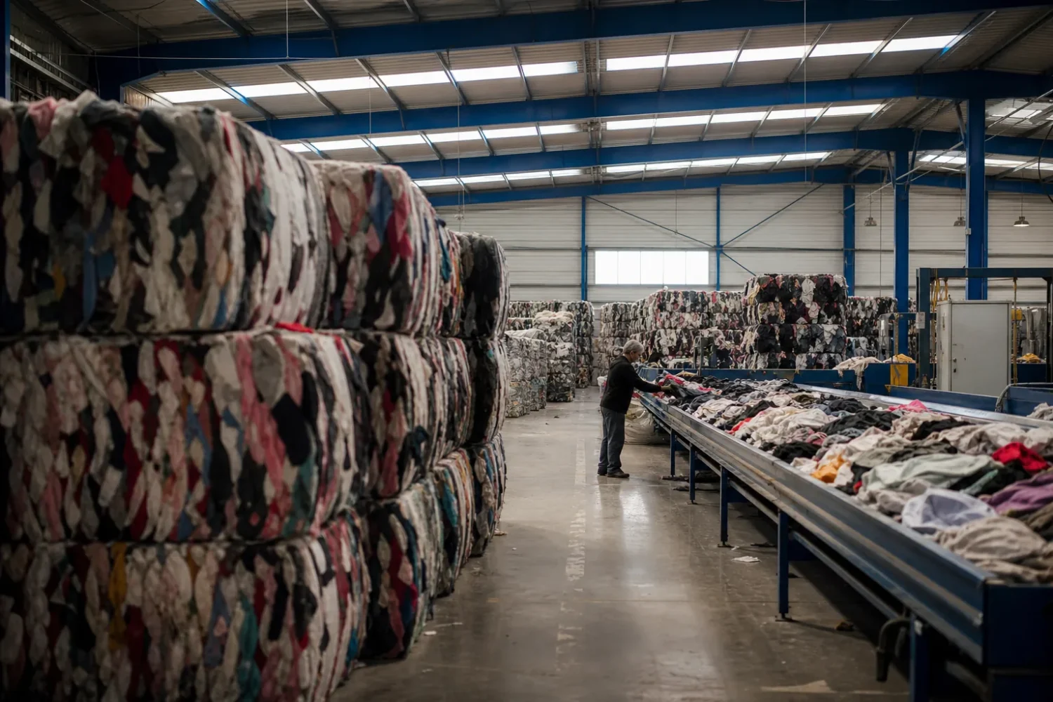 Montagne de vêtements usagés en vrac sur le sol d'un centre de tri textile.