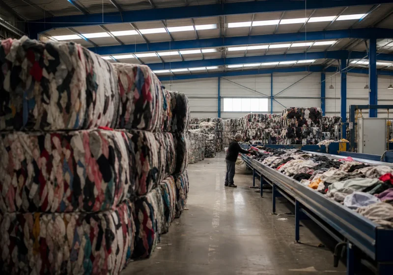 Montagne de vêtements usagés en vrac sur le sol d'un centre de tri textile.