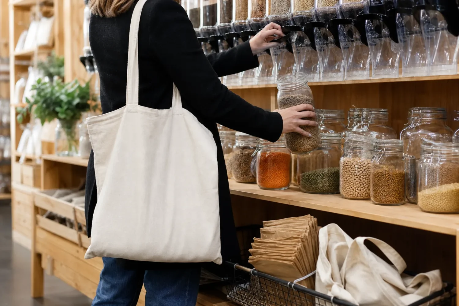 Rayon de fruits et légumes en vrac dans un supermarché, sans emballage plastique.