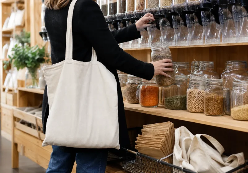 Rayon de fruits et légumes en vrac dans un supermarché, sans emballage plastique.