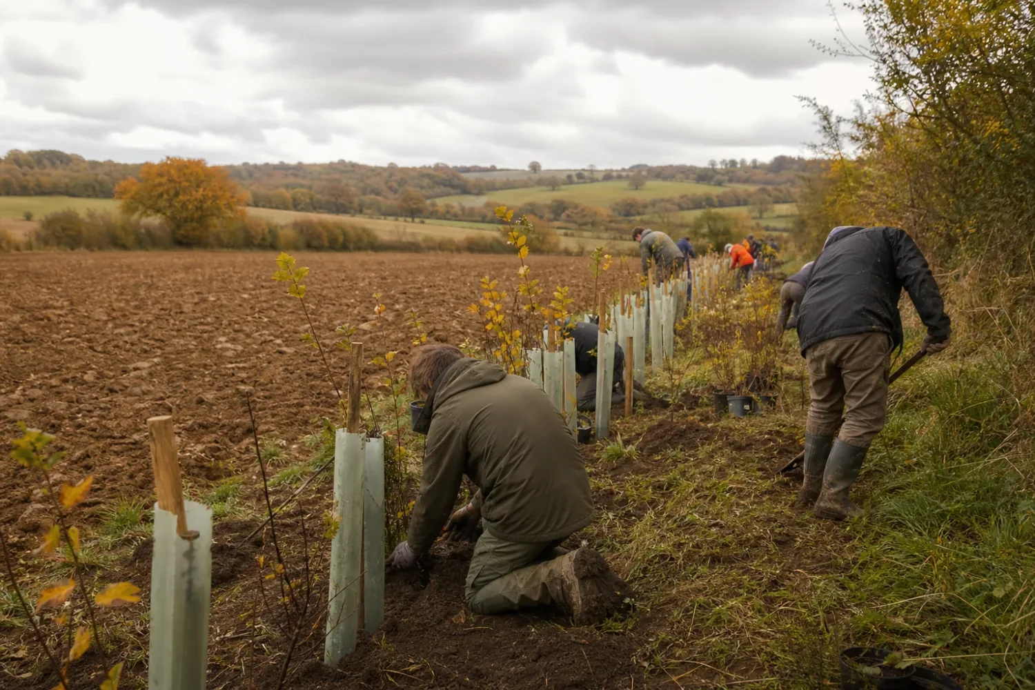 Jeune haie champêtre fraîchement plantée le long d'un champ, avec des protections en bois autour des plants.