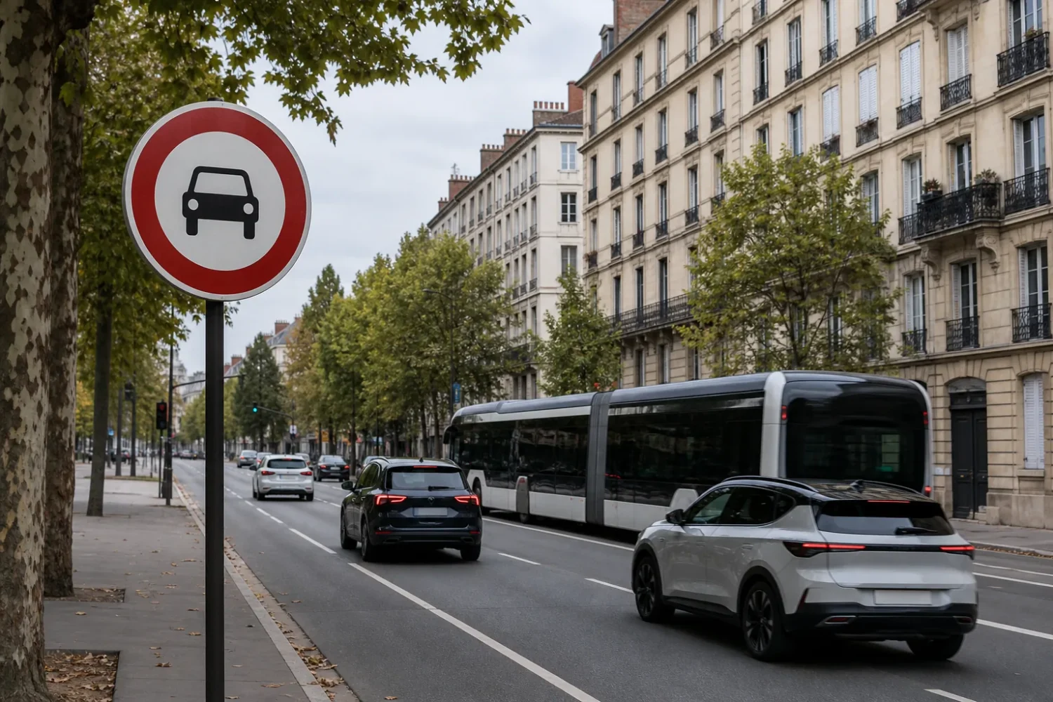 Panneau routier signalant l'entrée d'une zone à faibles émissions à l'entrée d'une agglomération française.