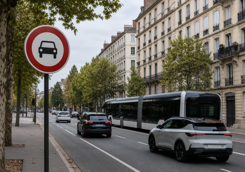 Panneau routier signalant l'entrée d'une zone à faibles émissions à l'entrée d'une agglomération française.