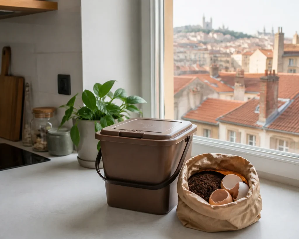 Composteur partagé en bois installé au pied d'un immeuble, avec un bac de matière sèche à côté.