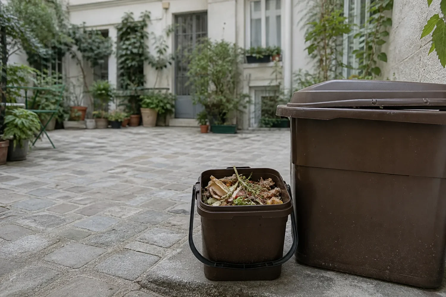 Borne de collecte des biodéchets de couleur marron installée sur un trottoir en ville.