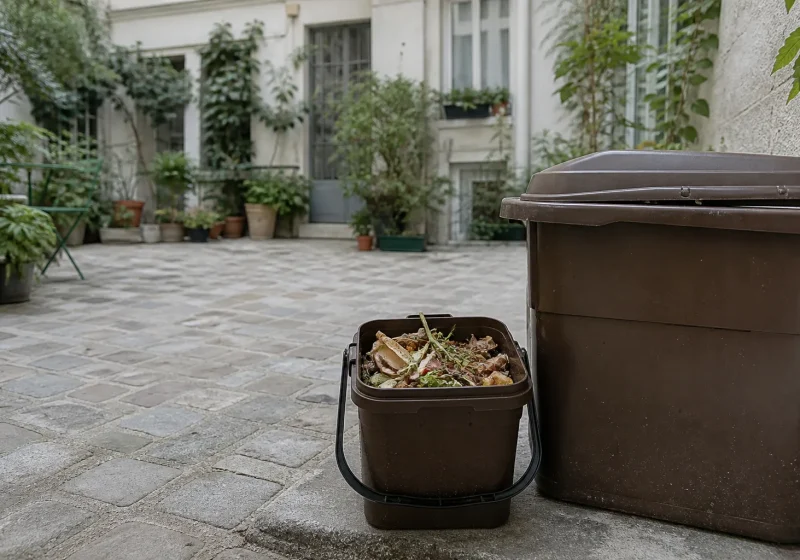 Borne de collecte des biodéchets de couleur marron installée sur un trottoir en ville.