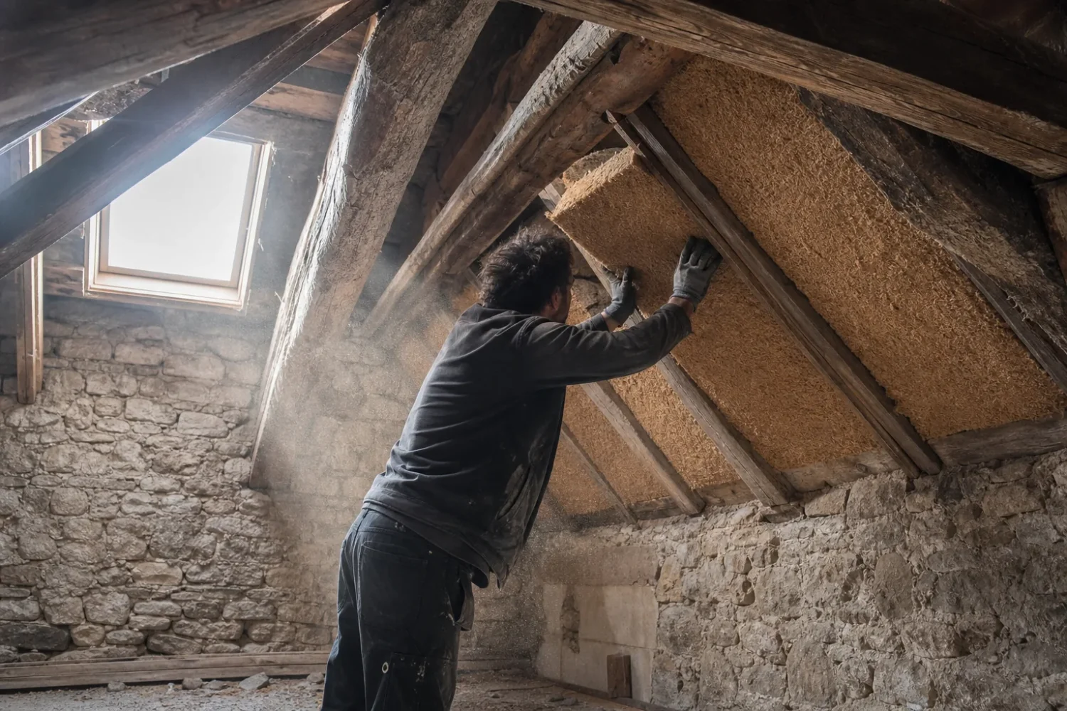 Ouvriers posant des panneaux d'isolation sur la façade d'un immeuble d'habitation en France.