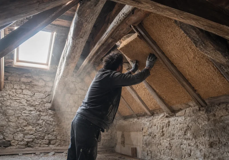 Ouvriers posant des panneaux d'isolation sur la façade d'un immeuble d'habitation en France.