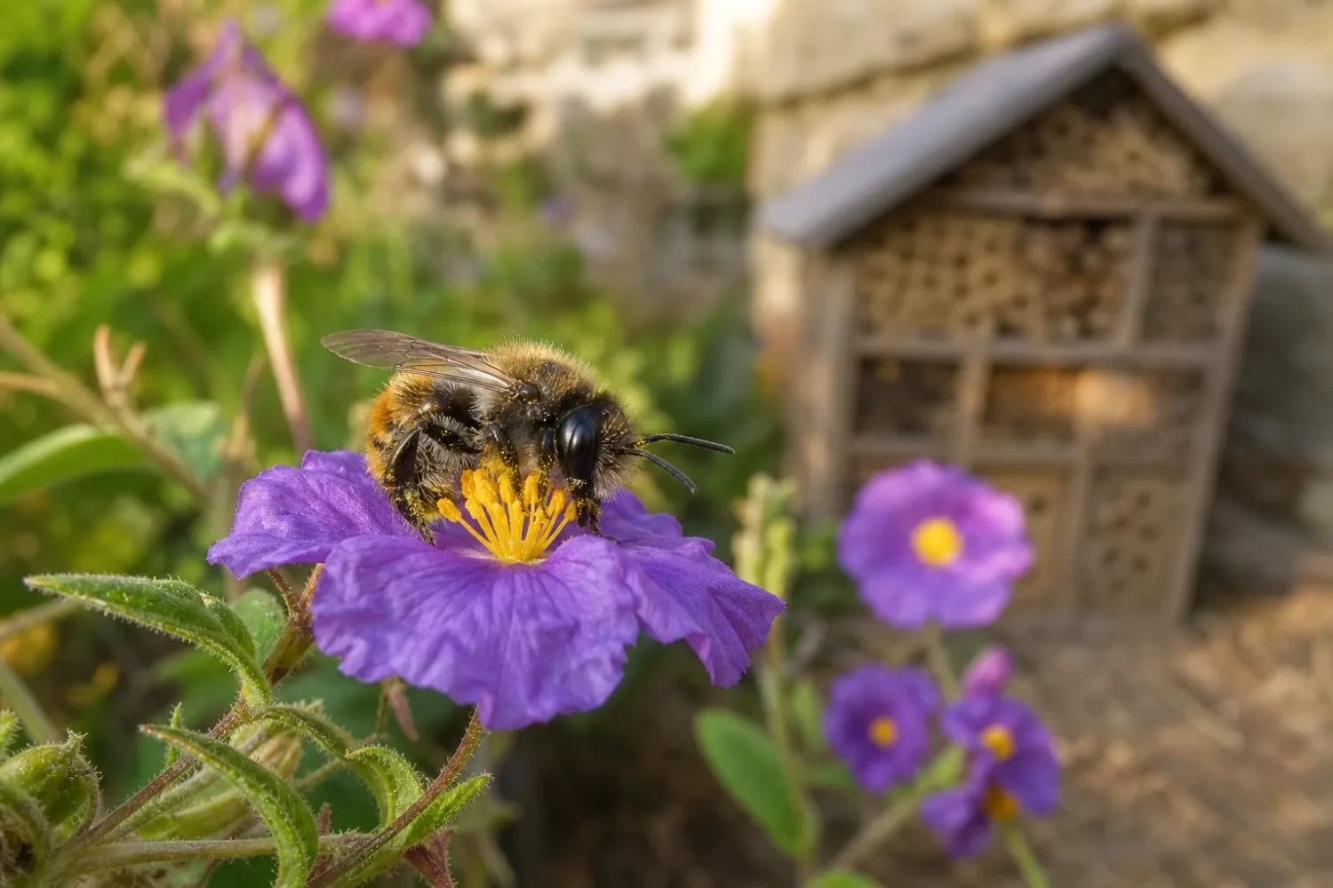 Abeille sauvage solitaire posée sur une fleur de centaurée violette dans un jardin ensoleillé.