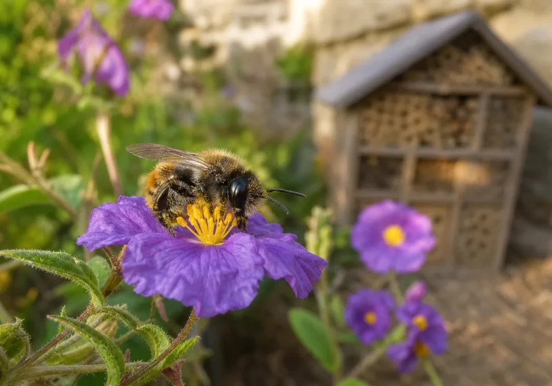 Abeille sauvage solitaire posée sur une fleur de centaurée violette dans un jardin ensoleillé.