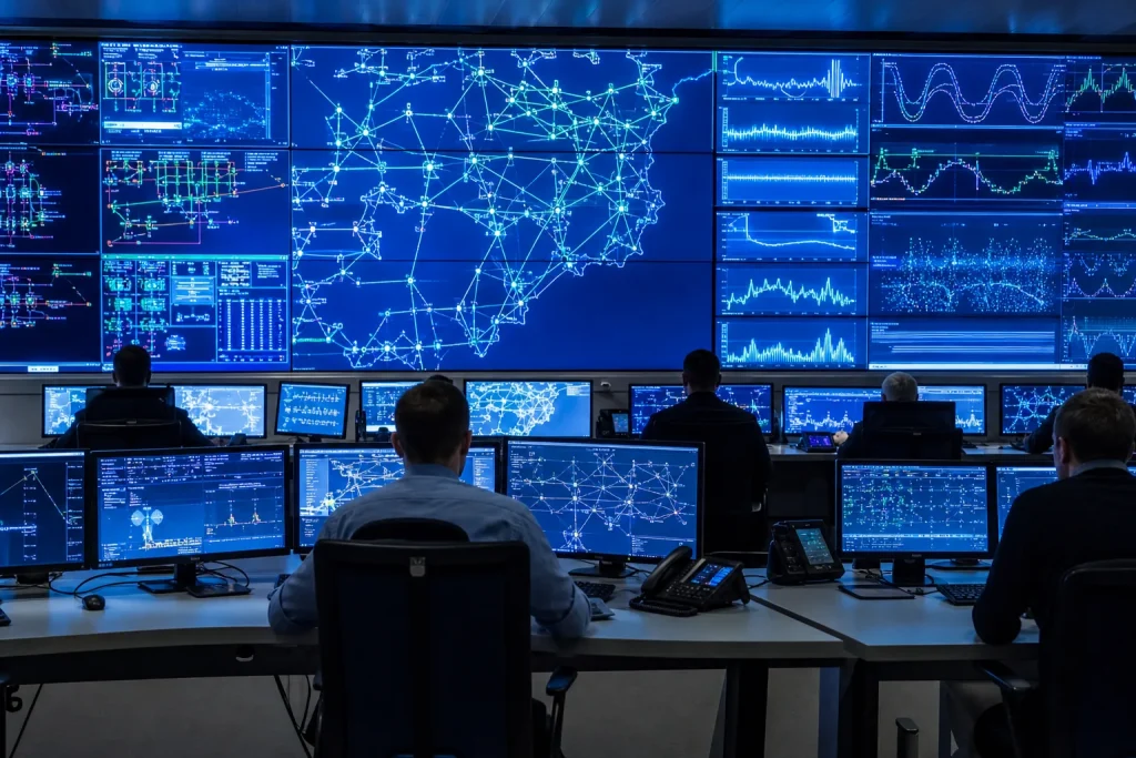 Salle de contrôle d'un dispatching électrique avec écrans affichant des courbes de production et de consommation.
