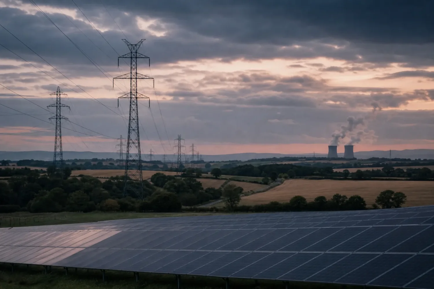 Lignes à haute tension traversant une plaine agricole au coucher du soleil, tours de refroidissement au loin.