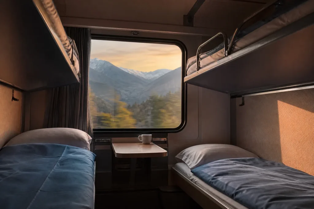 Intérieur d'un compartiment couchettes d'un train de nuit, avec lits superposés et fenêtre donnant sur un paysage nocturne.