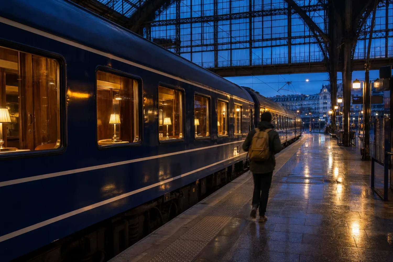 Train de nuit à quai dans une gare française le soir, voyageurs montant avec leurs bagages.