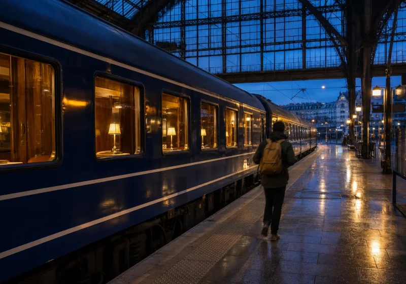 Train de nuit à quai dans une gare française le soir, voyageurs montant avec leurs bagages.