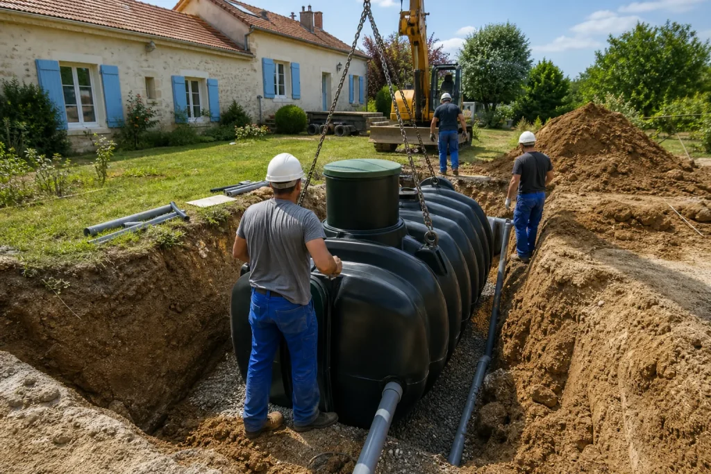Cuve enterrée en cours d'installation dans un jardin, avec pelleteuse et tuyaux de raccordement