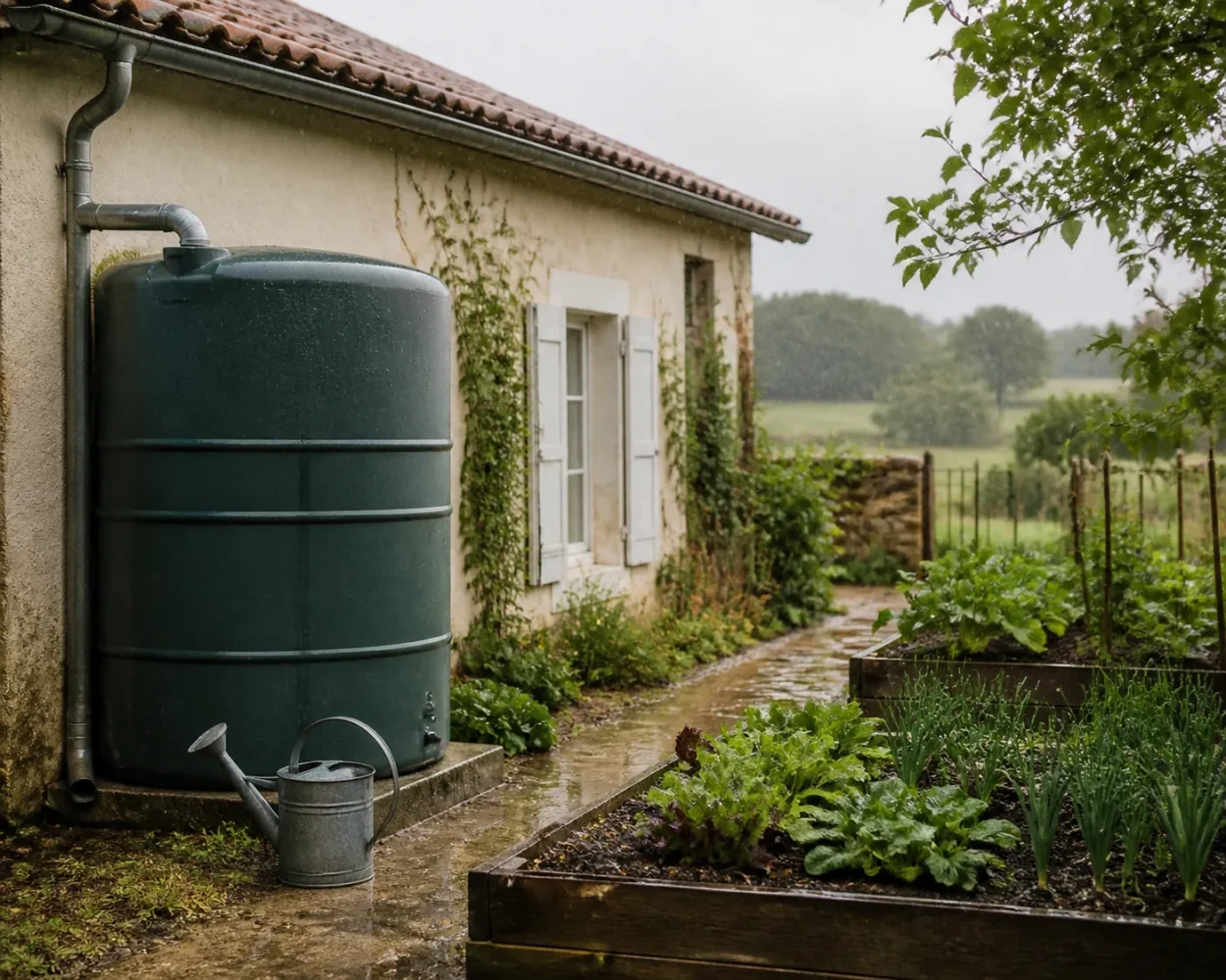 Cuve de récupération d'eau de pluie raccordée à une descente de gouttière, contre le mur d'une maison.
