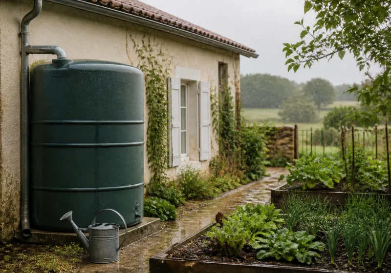 Cuve de récupération d'eau de pluie raccordée à une descente de gouttière, contre le mur d'une maison.