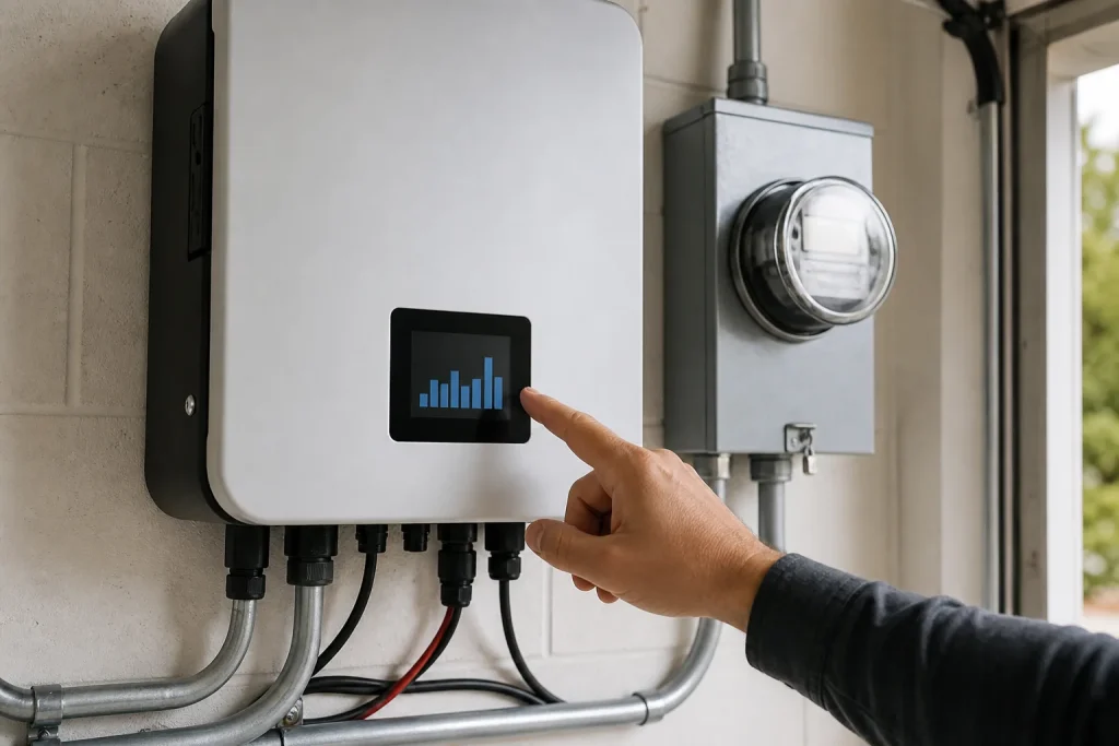 Onduleur et compteur communicant installés dans le garage d'une maison équipée de panneaux solaires.
