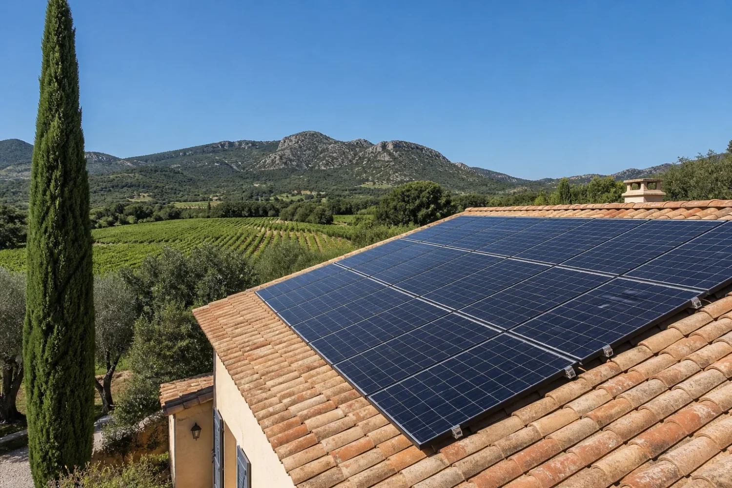 Installateur fixant des panneaux photovoltaïques sur le toit en tuiles d'une maison individuelle.