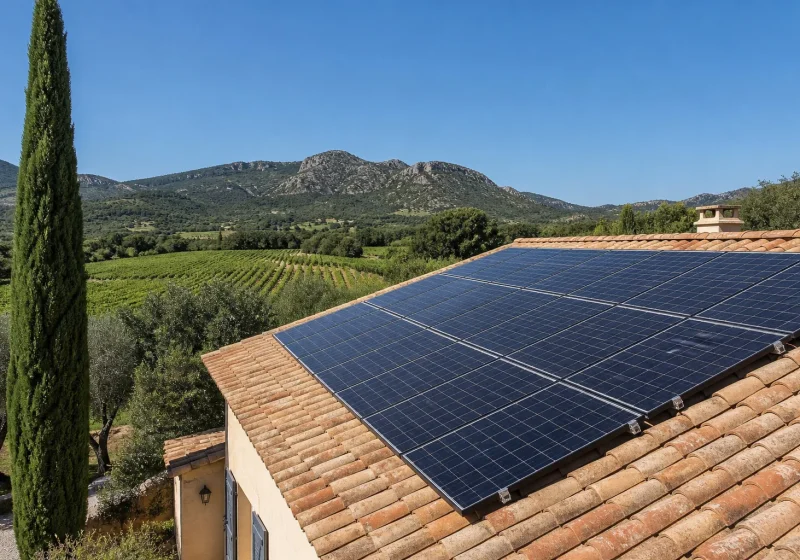 Installateur fixant des panneaux photovoltaïques sur le toit en tuiles d'une maison individuelle.