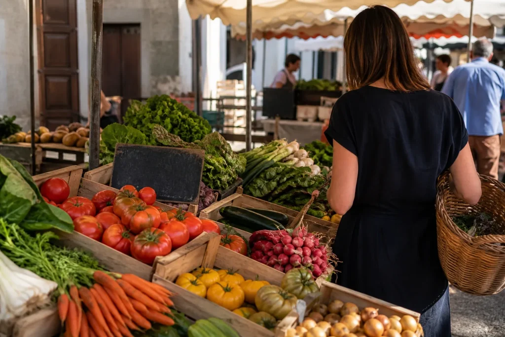 Étal de marché avec fruits et légumes de saison et étiquettes de provenance française