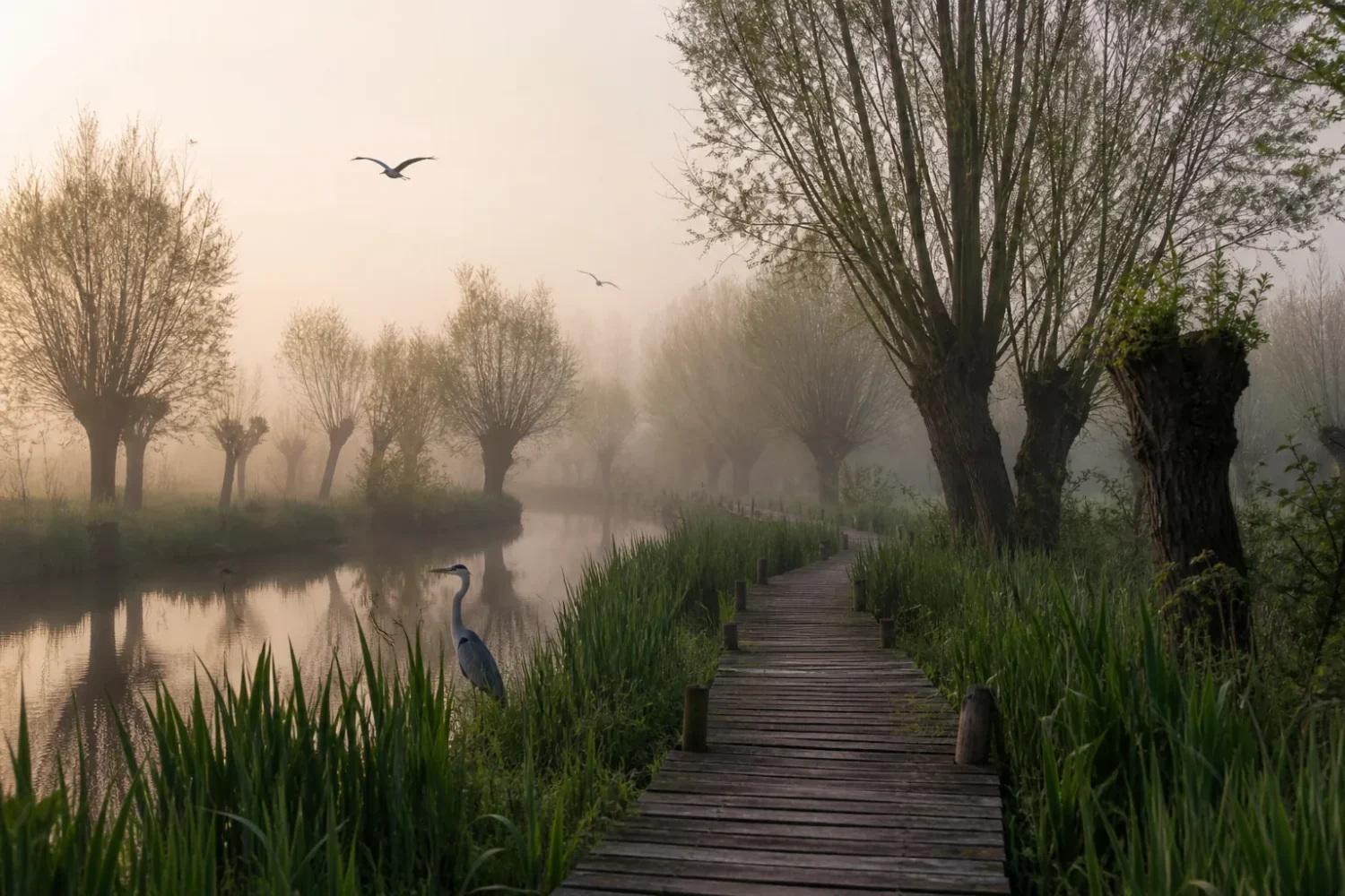 Marais de Camargue au lever du soleil, roselière et plan d'eau peu profond avec des hérons.