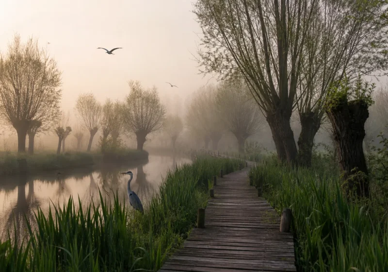 Marais de Camargue au lever du soleil, roselière et plan d'eau peu profond avec des hérons.