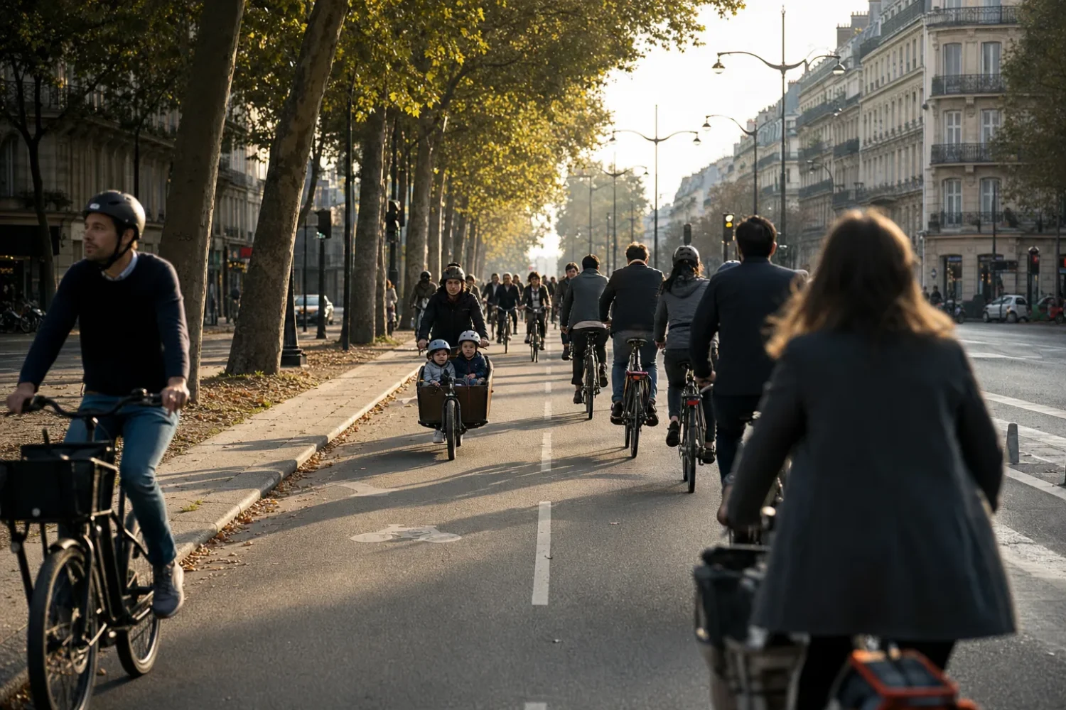 Cyclistes sur une piste cyclable séparée de la chaussée dans une rue de centre-ville française.