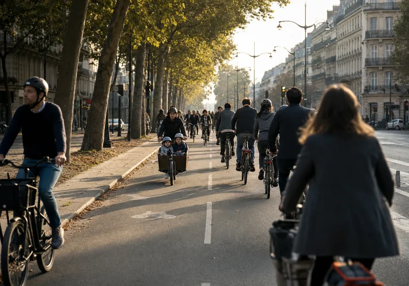 Cyclistes sur une piste cyclable séparée de la chaussée dans une rue de centre-ville française.