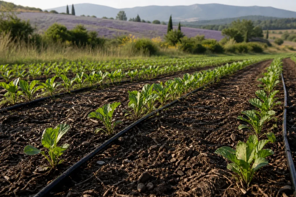 Retenue d'eau agricole à ciel ouvert, bâchée, au milieu de parcelles cultivées dans le Poitou