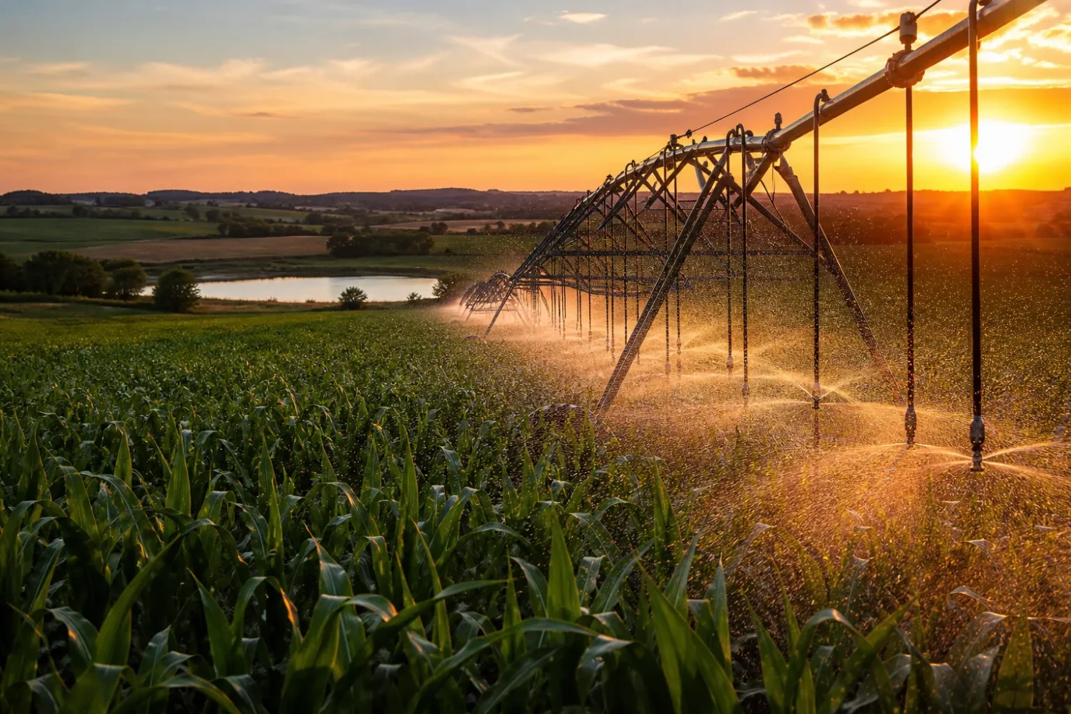Rampe d'irrigation à pivot arrosant un champ de maïs sous un ciel d'été, dans une plaine céréalière.
