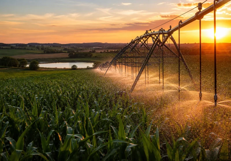 Rampe d'irrigation à pivot arrosant un champ de maïs sous un ciel d'été, dans une plaine céréalière.