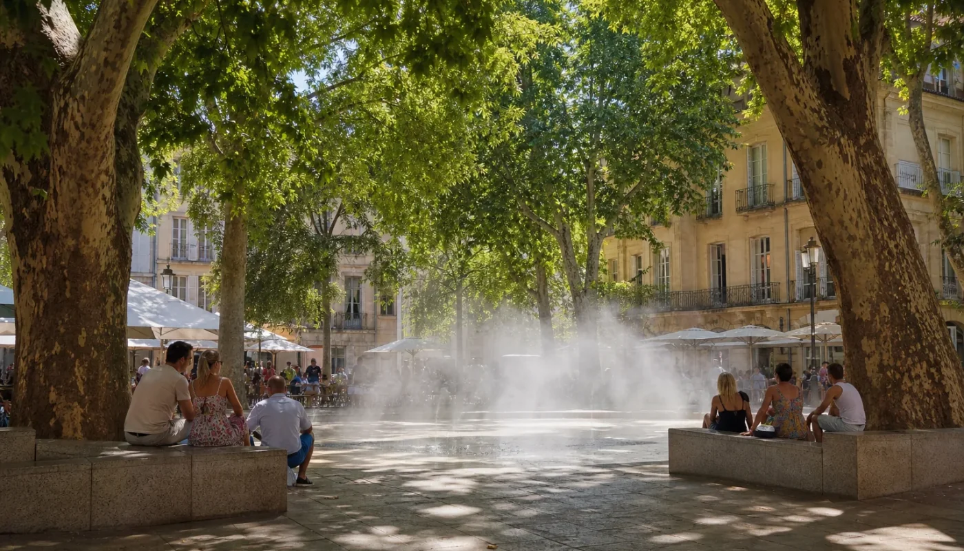 Rue piétonne d'une ville française sous forte chaleur, arbres récemment plantés et brumisateurs en fonctionnement.