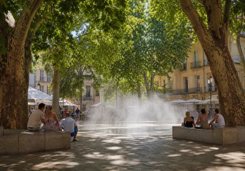 Rue piétonne d'une ville française sous forte chaleur, arbres récemment plantés et brumisateurs en fonctionnement.