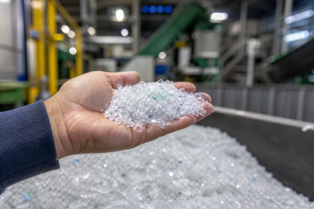 Tapis de tri d'un centre de traitement des emballages, avec films plastiques et bouteilles mélangés.