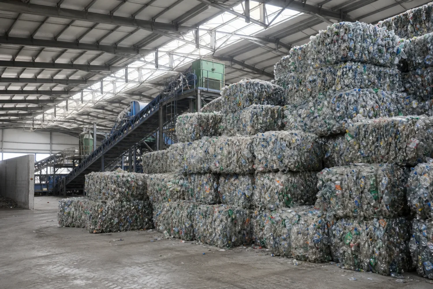 Balles de bouteilles en plastique compressées empilées dans un centre de tri des emballages.