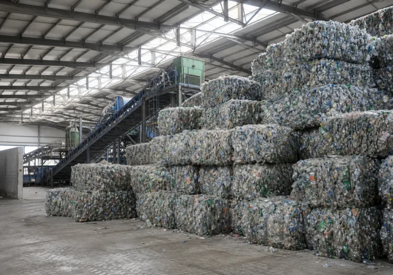 Balles de bouteilles en plastique compressées empilées dans un centre de tri des emballages.