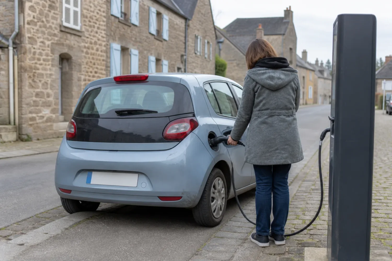 Voiture électrique compacte branchée à une borne de recharge sur un parking de concession d'occasion.