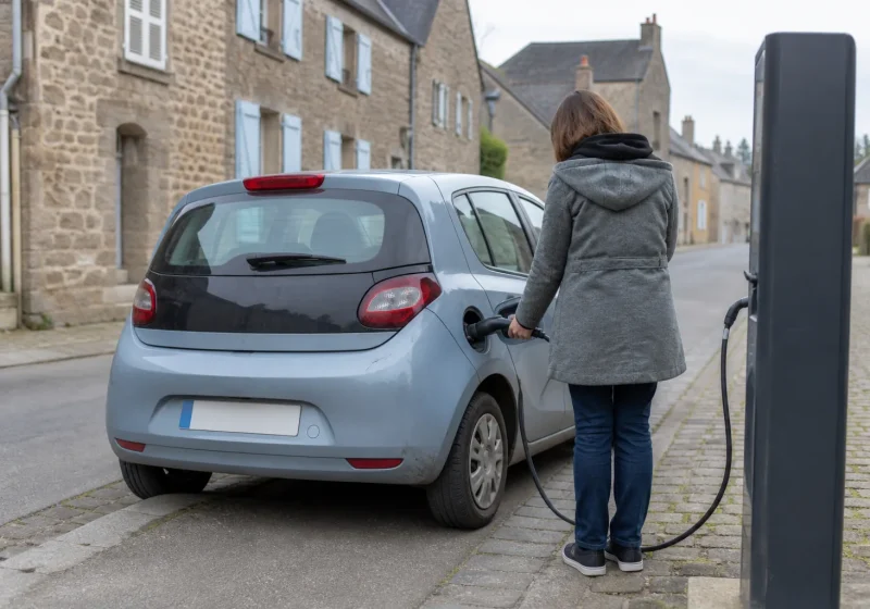Voiture électrique compacte branchée à une borne de recharge sur un parking de concession d'occasion.